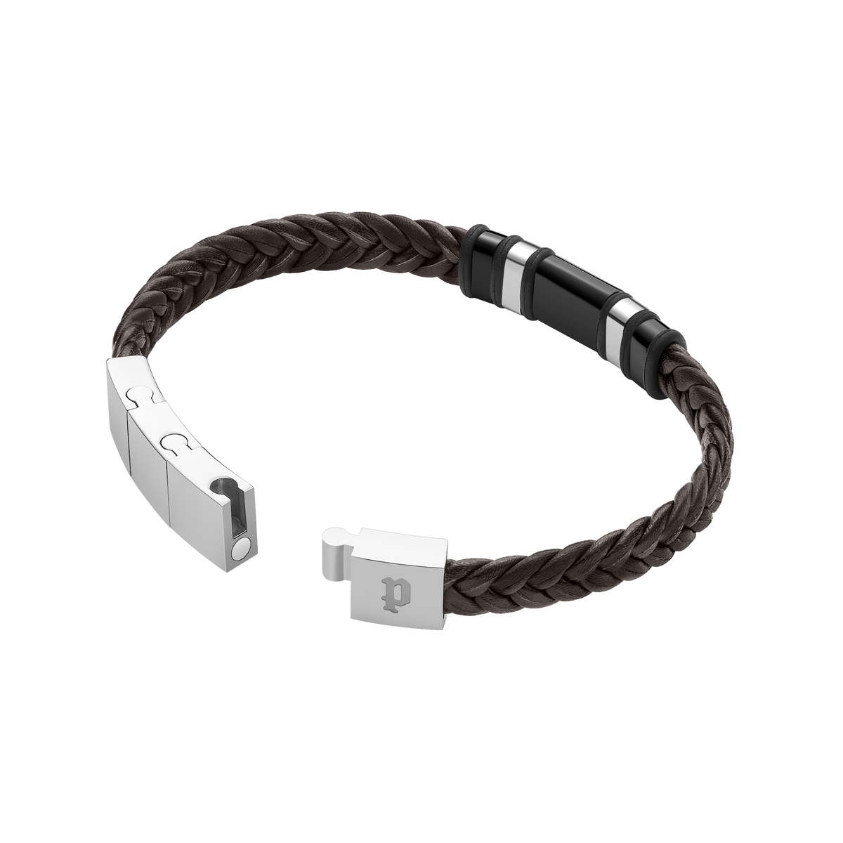 Police Wavebreaker Stainless Steel Bracelet with Black Wing Logo Plaque and Brown Leather Strap Police Wavebreaker Stainless Steel Bracelet with Black Wing Logo Plaque and Brown Leather Strap