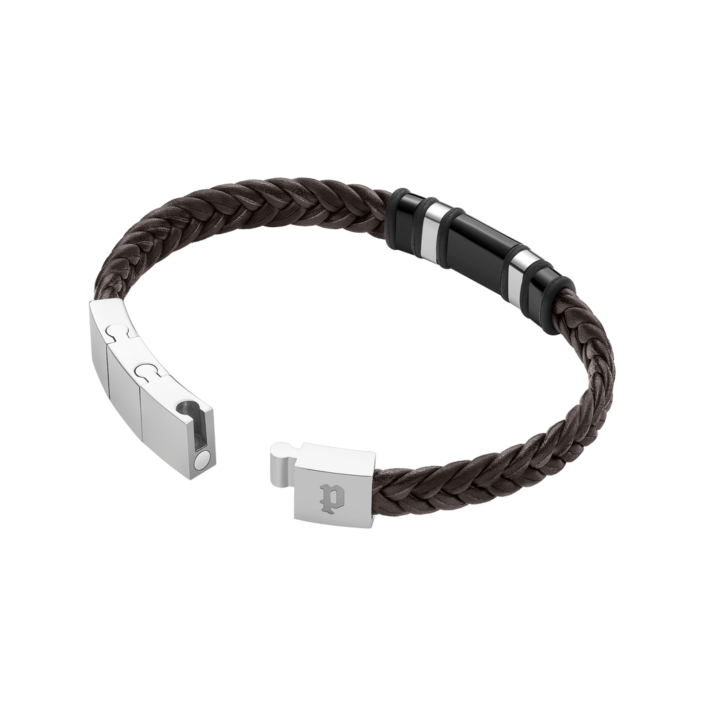 Police Wavebreaker Stainless Steel Bracelet with Black Wing Logo Plaque and Brown Leather Strap
