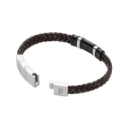 Police Wavebreaker Stainless Steel Bracelet with Black Wing Logo Plaque and Brown Leather Strap