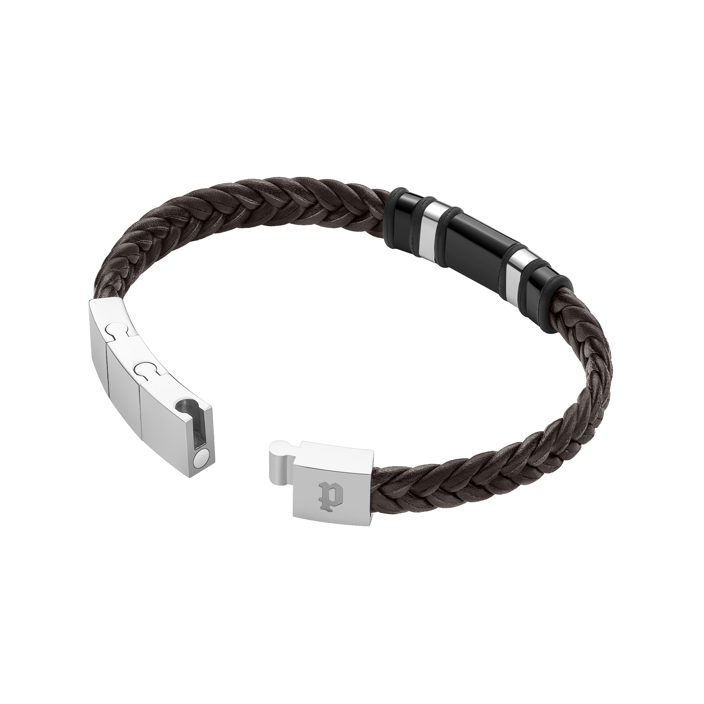 Police Wavebreaker Stainless Steel Bracelet with Black Wing Logo Plaque and Brown Leather Strap