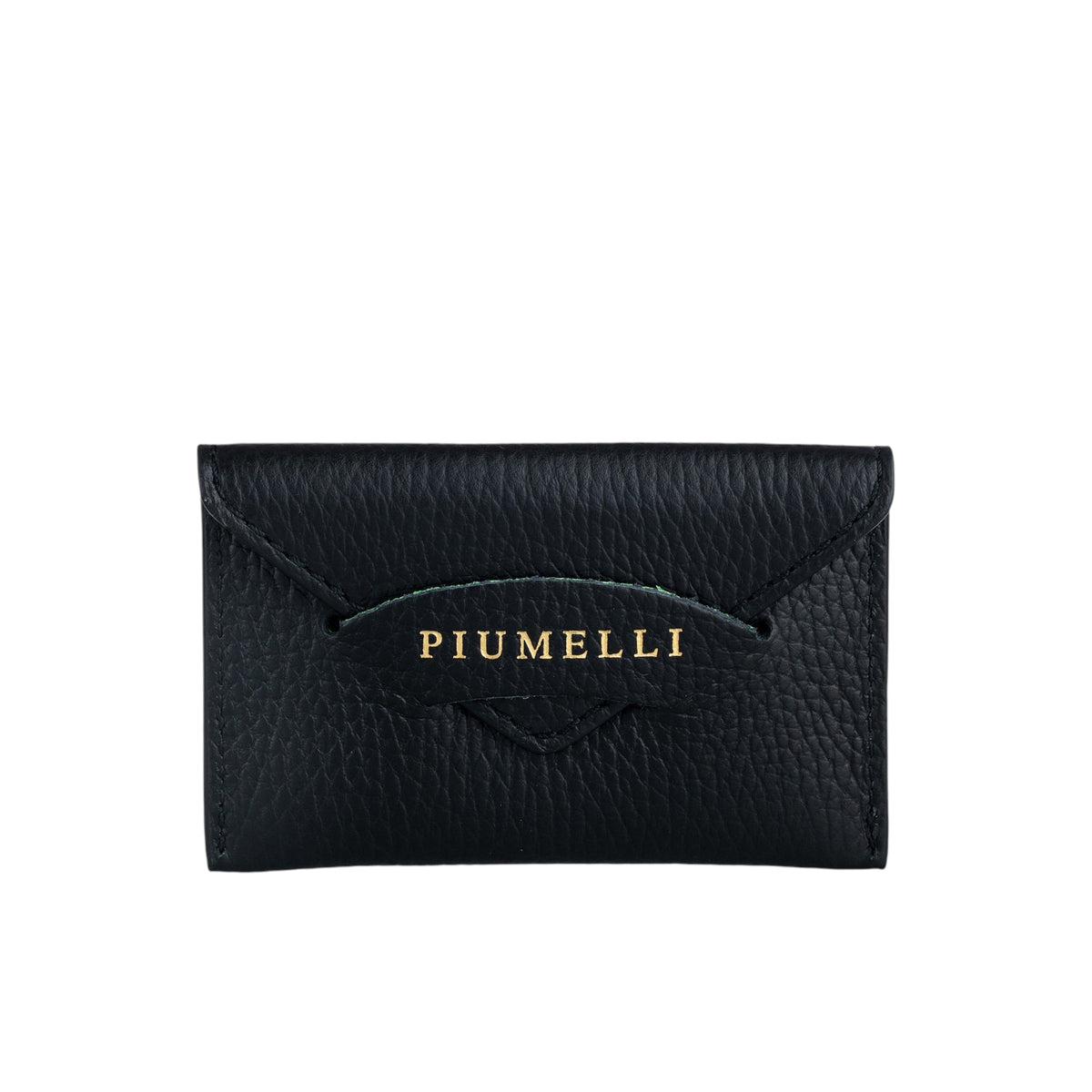 Black pebbled leather cardholder with a flap closure. The Piumelli brand name is embossed in gold-toned lettering on the fron