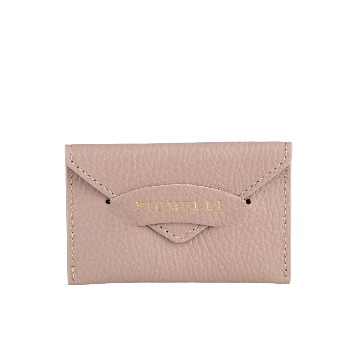 Pebbled light pinkish-beige leather cardholder with an envelope flap, gold-toned 'PIUMELLI' logo, and two small holes.
