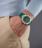 Police Dual Men's Silver & Rose Gold Case Black & Green Silicone Strap Watch