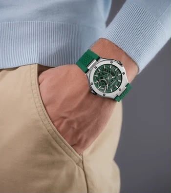 Police Dual Men's Silver & Rose Gold Case Black & Green Silicone Strap Watch