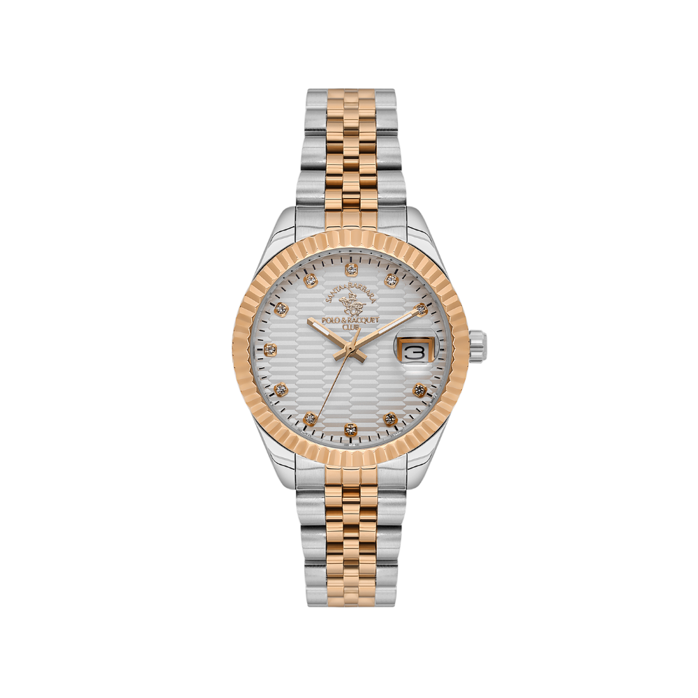Women's Santa Barbara Polo & Racquet Club watch with a silver-toned case and bracelet, rose gold-toned fluted bezel, and rose