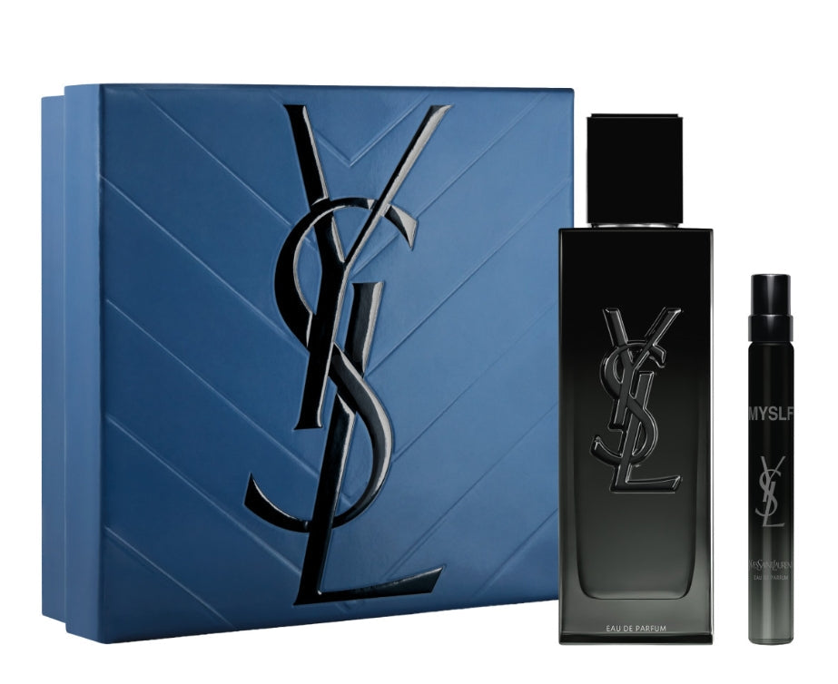 Blue YSL MYSLF Eau de Parfum gift set with a dark blue textured box, black gradient 100ml bottle, and 10ml travel spray.