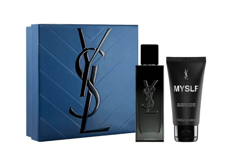Blue Yves Saint Laurent MYSLF Eau de Parfum gift set with a dark rectangular fragrance bottle and a black shower gel tube.