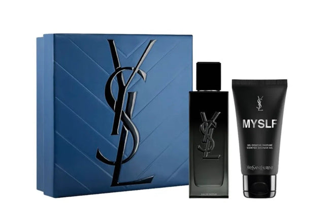 Blue Yves Saint Laurent MYSLF Eau de Parfum gift set with a dark rectangular fragrance bottle and a black shower gel tube.