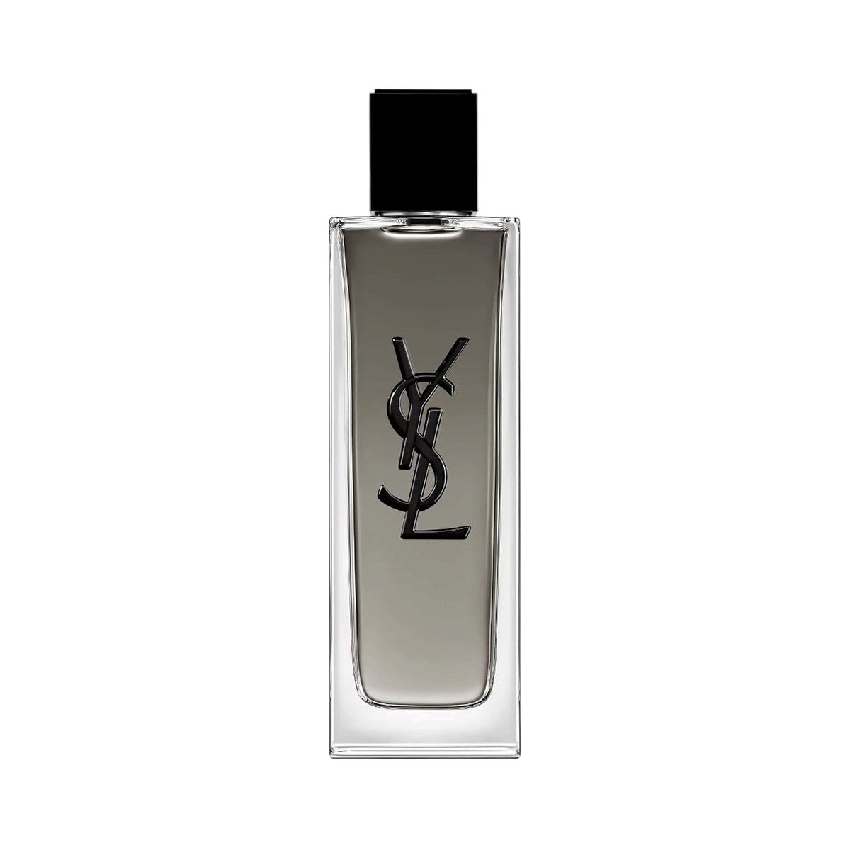 Rectangular clear glass YSL Myslf EDT Intense fragrance bottle with a black cap and black YSL logo on the front, containing a Main image
