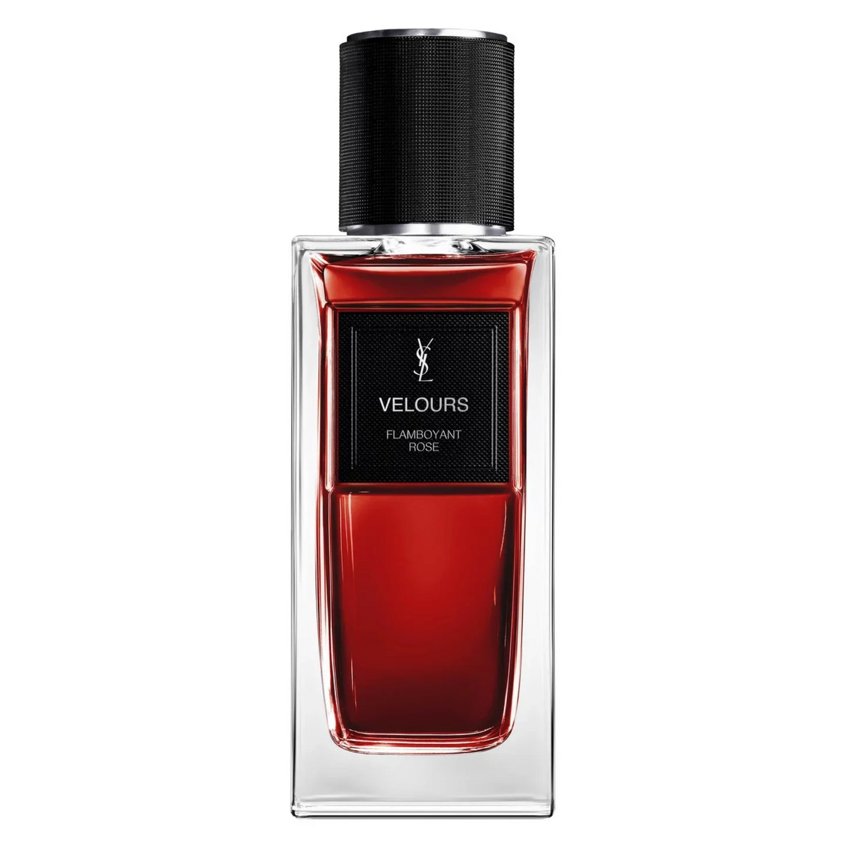 Front view of Yves Saint Laurent Velours Flamboyant Rose perfume featuring a transparent rectangular glass bottle, deep ruby-red liquid, textured black cap and signature YSL label