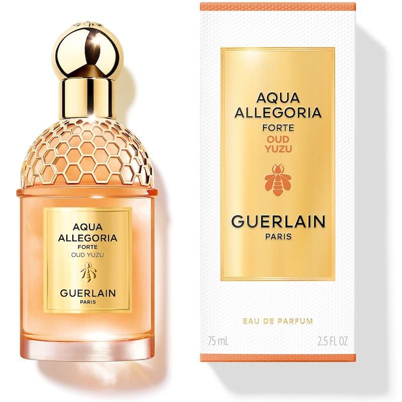 Guerlain Aqua Allegoria Forte Oud Yuzu perfume bottle .