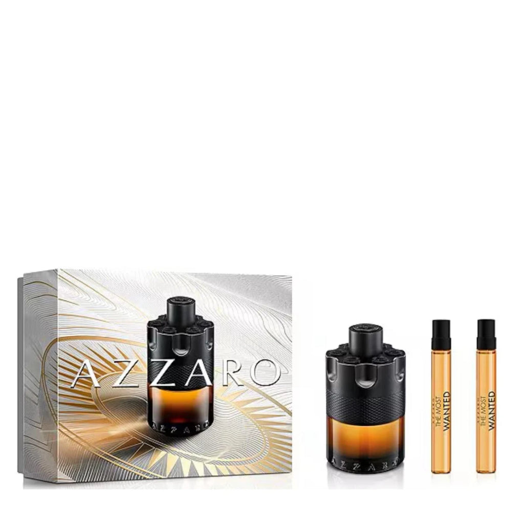 Azzaro The Most Wanted Parfum Gift Set for Men with full-size bottle and travel sprays, available online at Paris Gallery Qatar