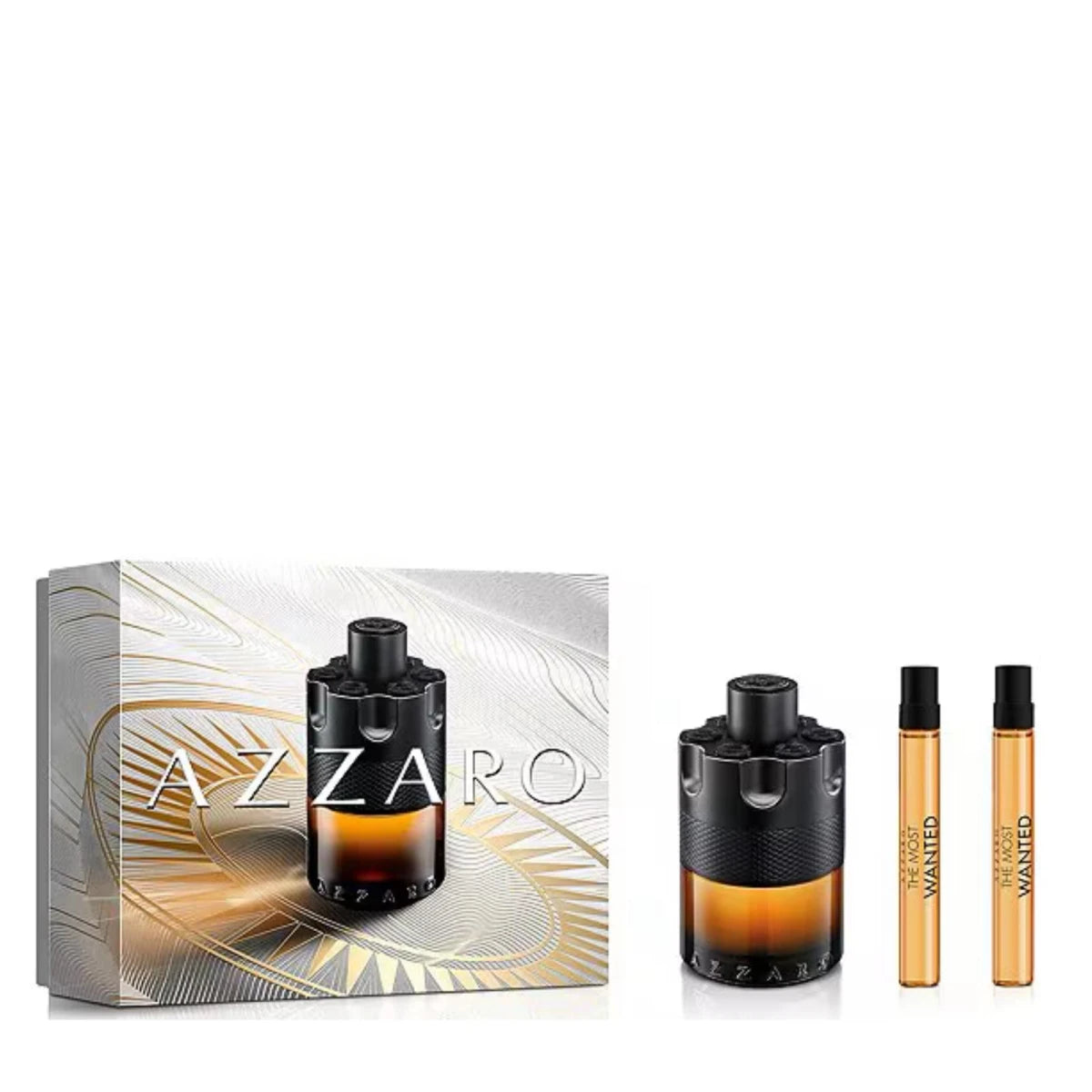 Azzaro The Most Wanted Parfum Gift Set for Men with full-size bottle and travel sprays, available online at Paris Gallery Qatar