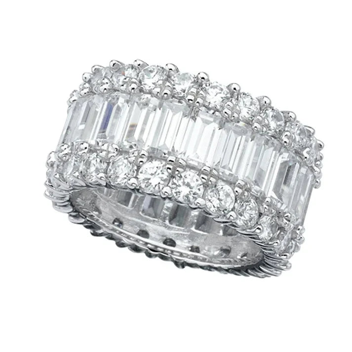Wide silver-toned eternity ring with clear baguette and round-cut stones