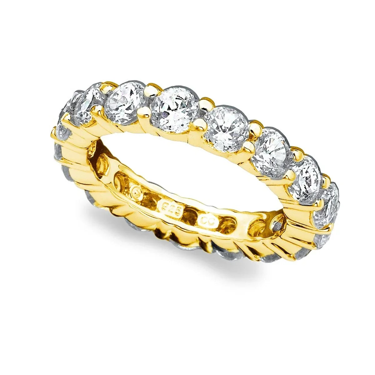 Gold-toned eternity ring with a continuous band of round, clear, faceted stones, each held by four prongs.