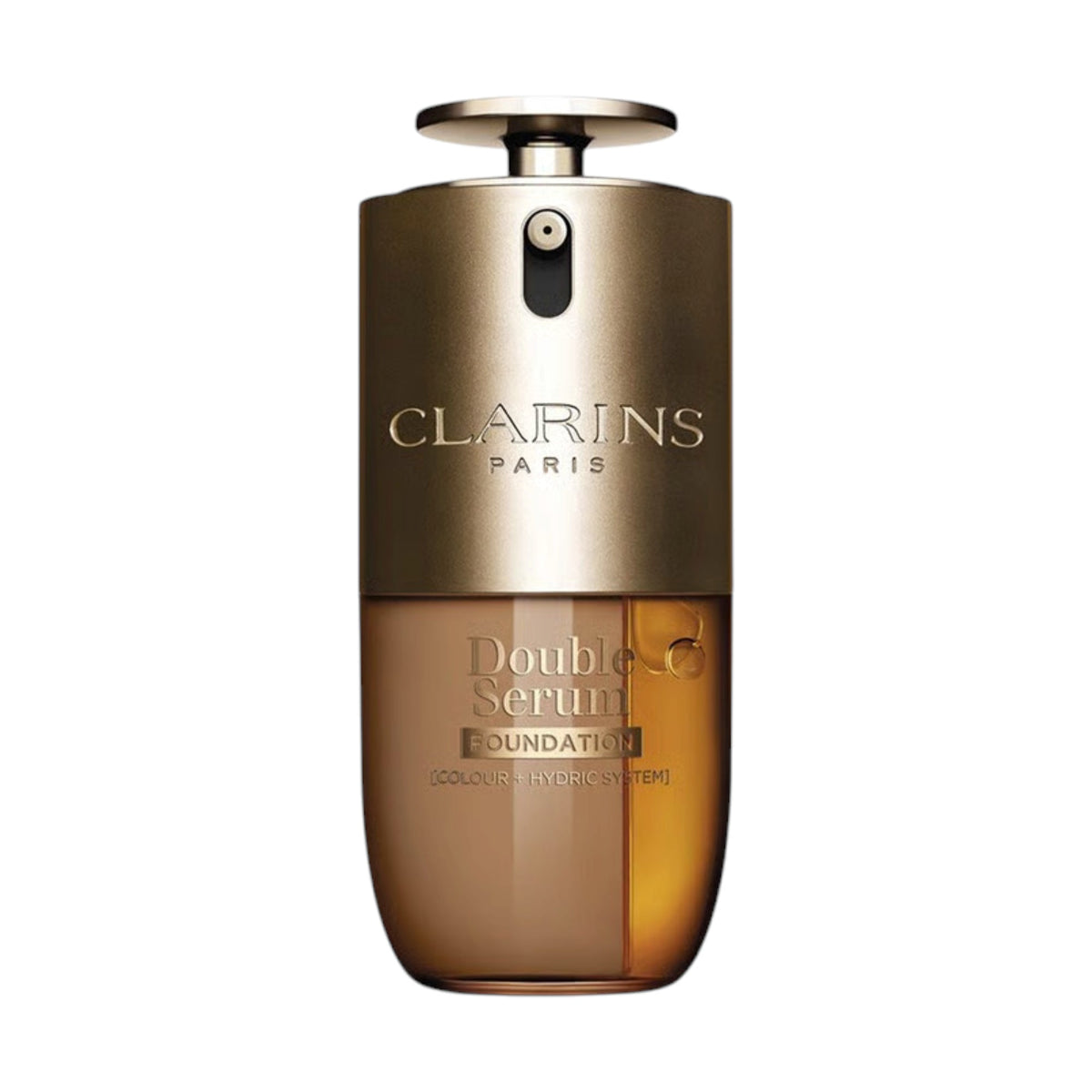 Clarins Double Serum Foundation bottle with a gold-toned metallic top and transparent lower section showing beige and amber l Main image