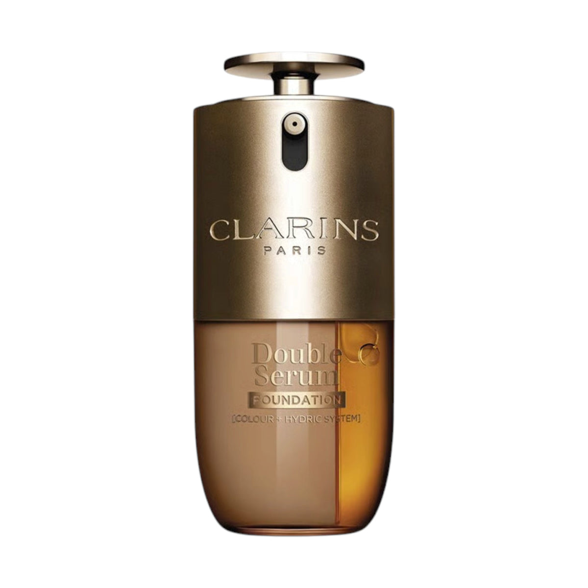 Clarins Double Serum Foundation bottle with a gold-toned top and transparent lower section showing two brown liquids. Main image
