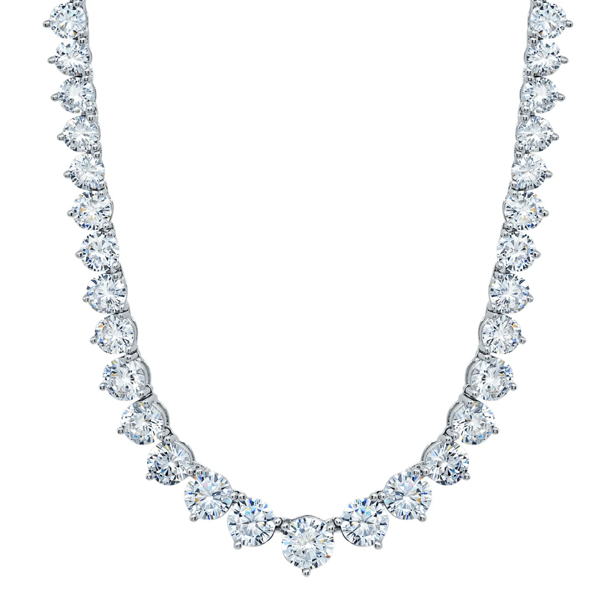 Silver-toned graduated round necklace featuring brilliant clear faceted stones in individual settings.