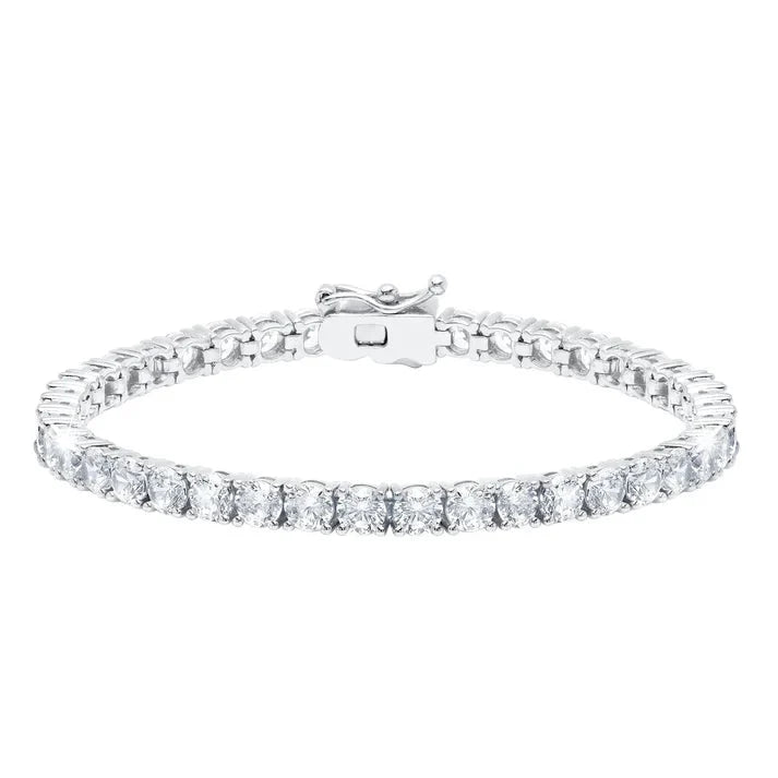 Silver-toned tennis bracelet with a continuous line of round, clear brilliant-cut stones and a box clasp.