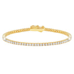 Gold-toned tennis bracelet featuring a continuous line of clear, round-cut cubic zirconia stones and a secure clasp.
