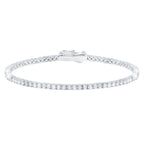 Silver-toned tennis bracelet with a continuous line of small, round, clear stones and a box clasp.