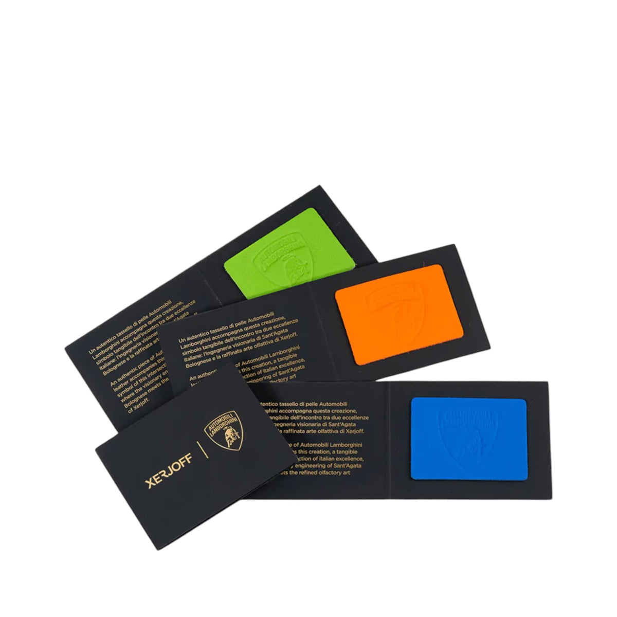Three black folded cards, each with text and a logo, holding a small embossed leather swatch in green, orange, or blue.