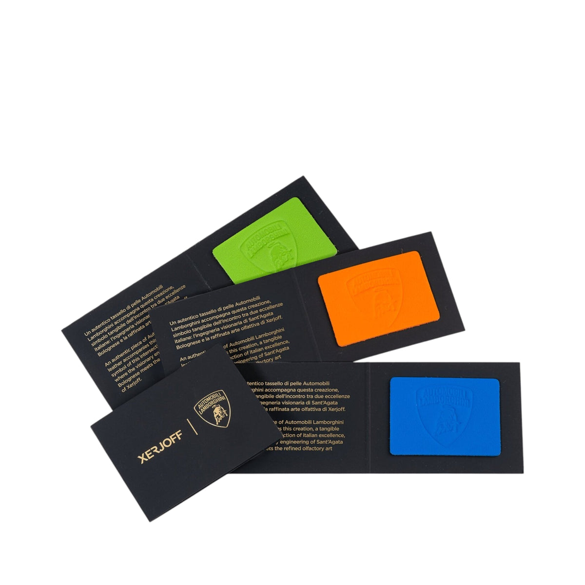 Black folded card with gold-toned Lamborghini logo and "XERJOFF" text. Inside are green, orange, blue leather swatches with e