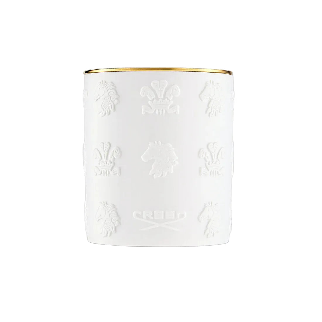 White cylindrical candle with a gold-toned rim and embossed patterns of horse heads, crests, and "CREED" text.