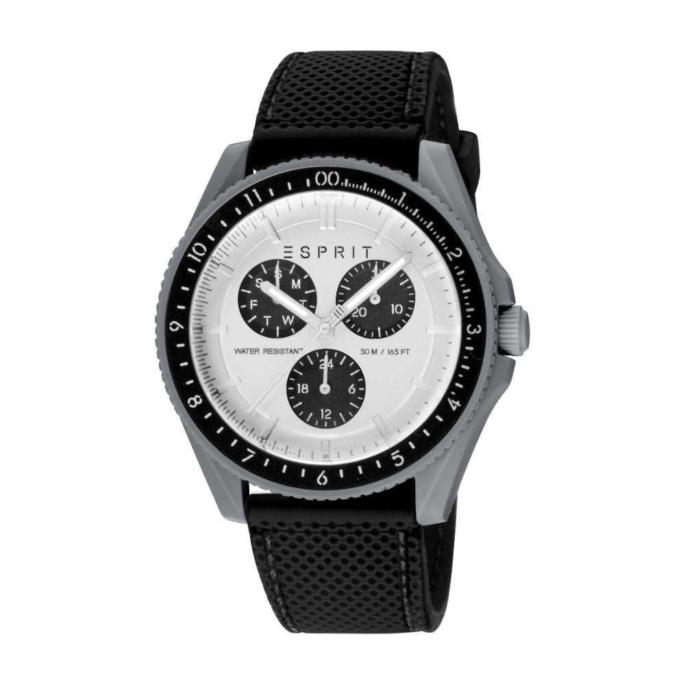 ESPRIT Men & Women's Dark Grey Color Watch with Silver Dial and Black Silicone Strap