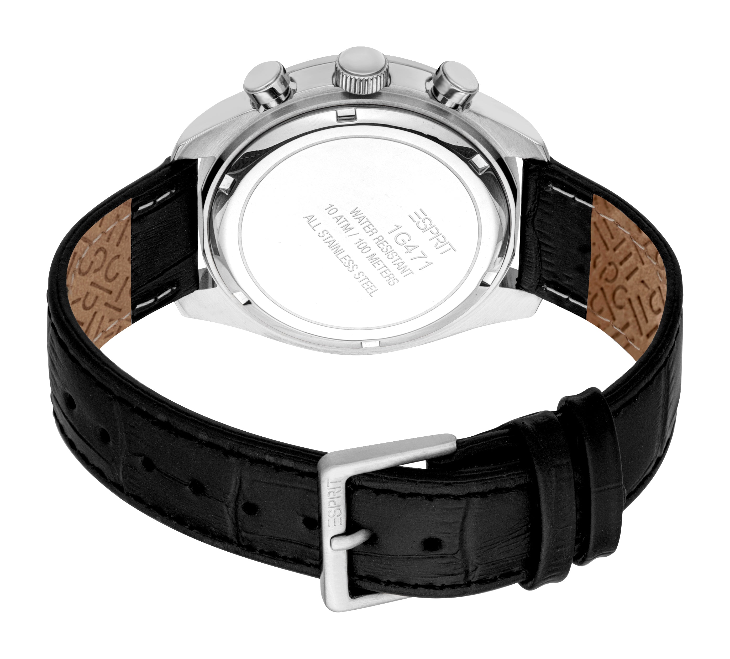 Esprit Men’s Chronograph Black Leather Watch with Silver Case and Tachymeter – Paris Gallery Qatar