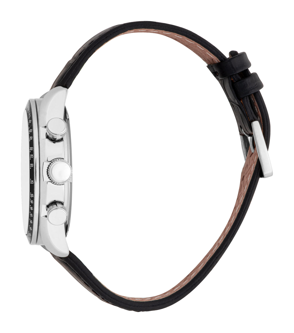 Esprit Men’s Chronograph Black Leather Watch with Silver Case and Tachymeter – Paris Gallery Qatar