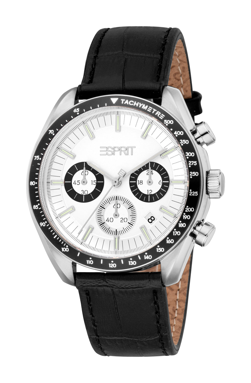 Esprit Men’s Chronograph Black Leather Watch with Silver Case and Tachymeter – Paris Gallery Qatar