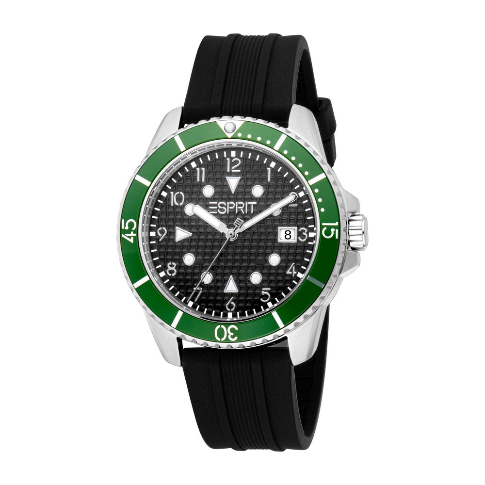 Esprit Men Watch Silver Color Case Black Dial Black Silicone Strap