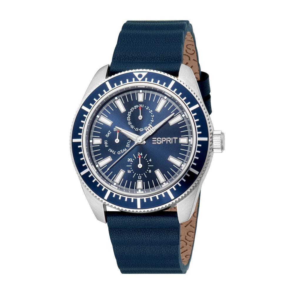 Esprit Men Watch Silver Color Case Dark Blue Dial Blue Leather Strap