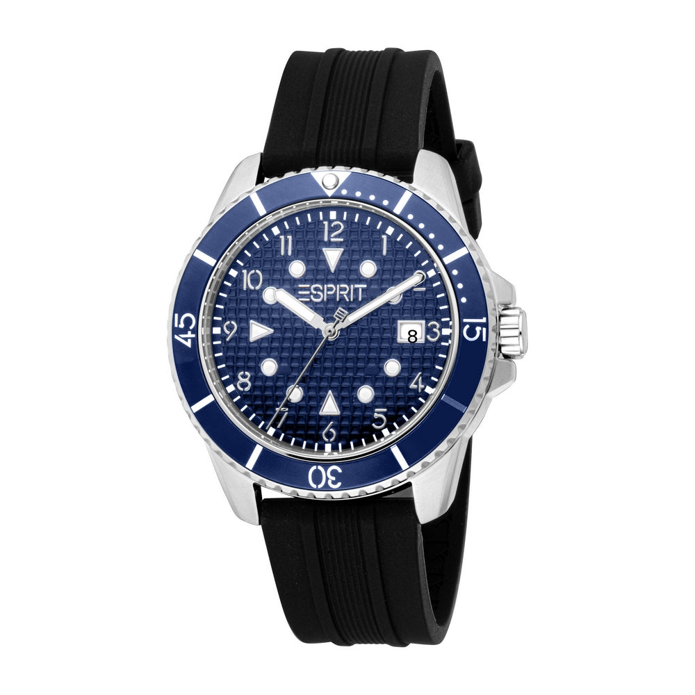 Esprit Men Watch Silver Color Case Dark Blue Dial Black Silicone Strap