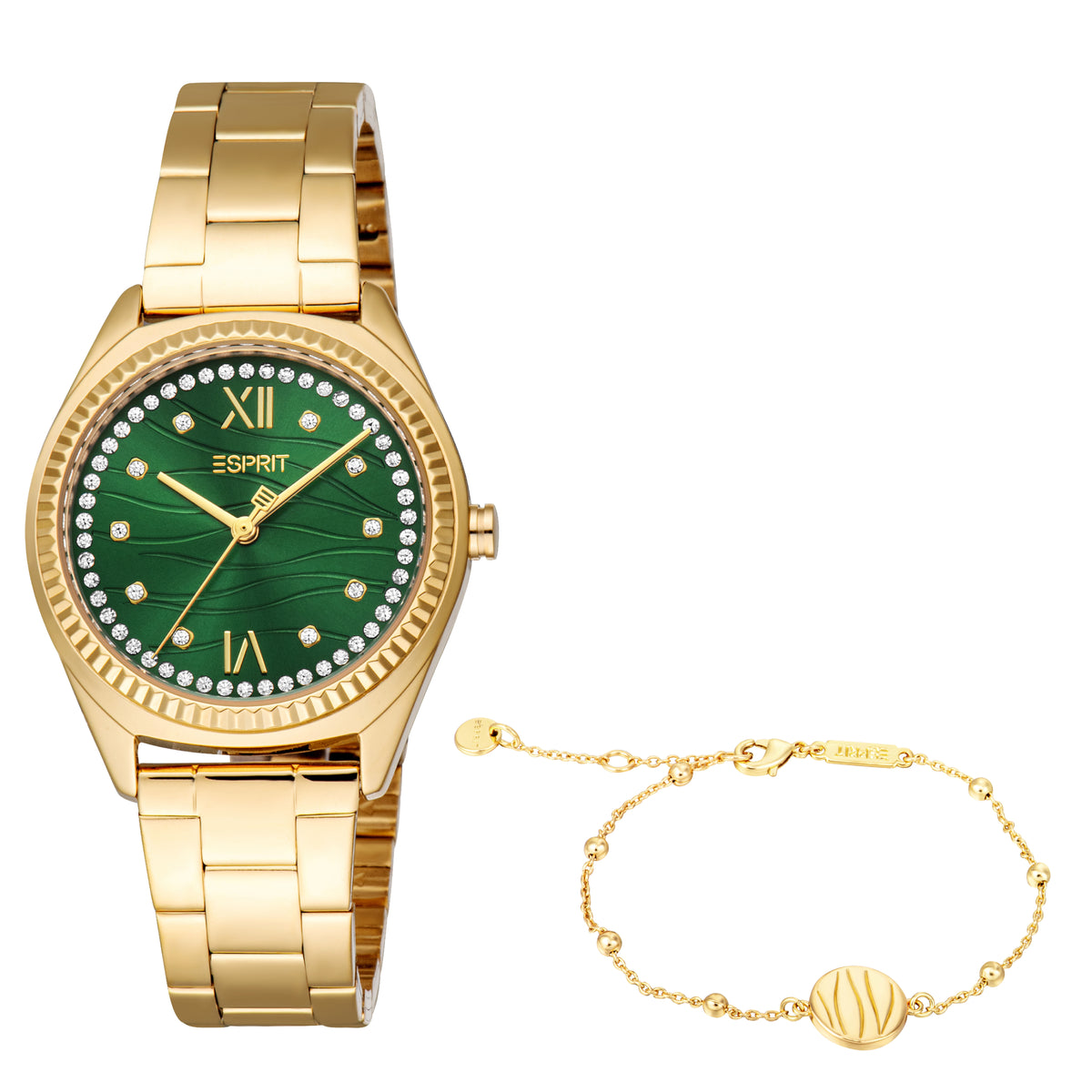Esprit Uma Women’s Gold Watch with Green Dial and Crystal Bezel Esprit Uma Women’s Gold Watch with Green Dial and Crystal Bezel
