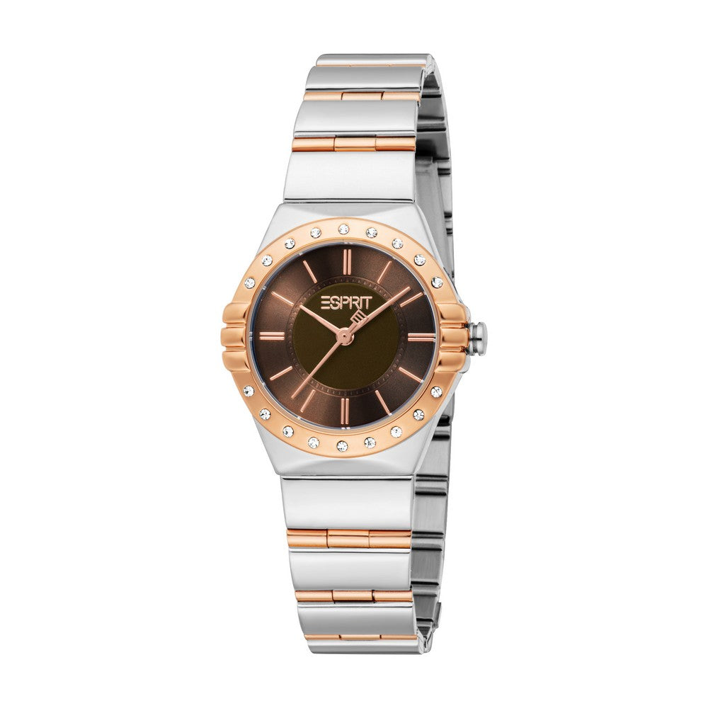 Esprit Women Watch Two Tone Silver & Rose Gold Color Case Brown Dial Two