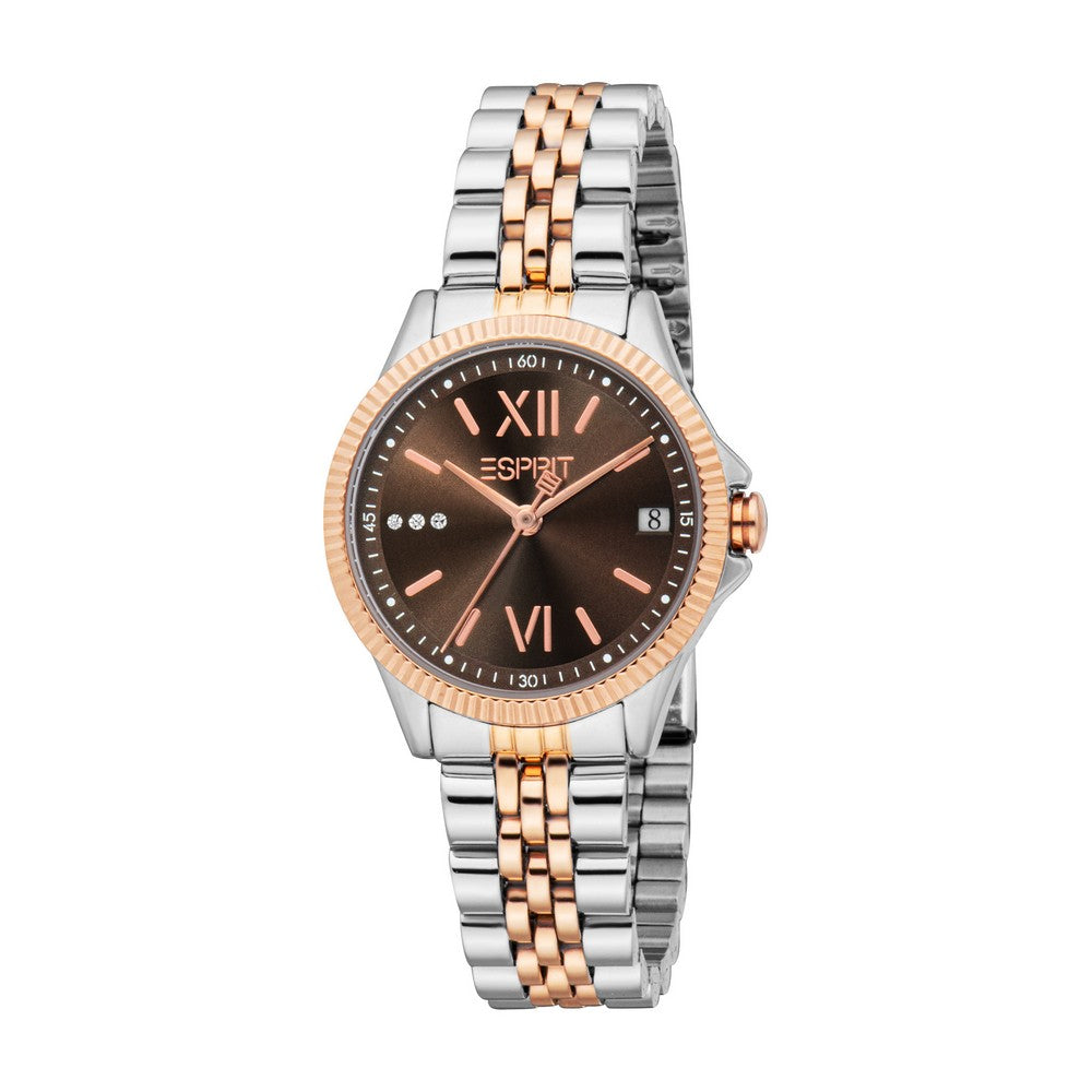 Esprit Women Watch Two Tone Silver & Rose Gold Color Case Brown Dial