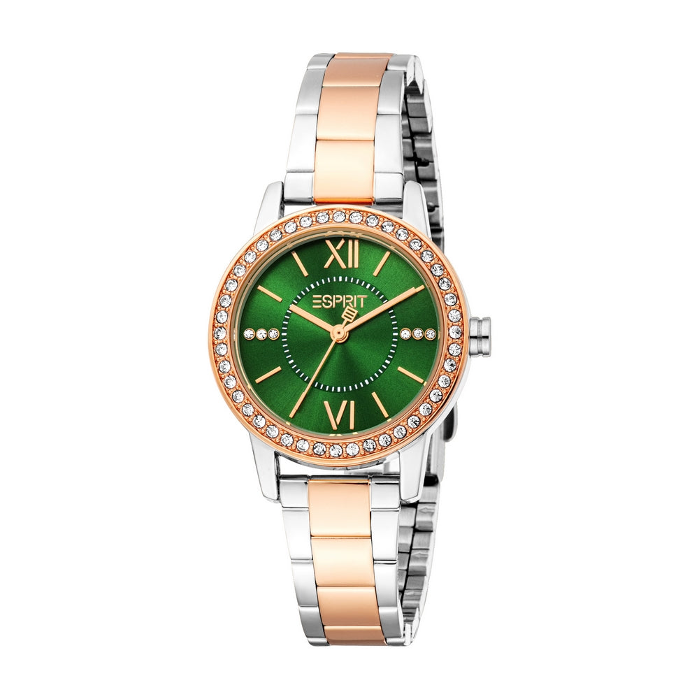 Esprit Women Watch Two Tone Silver & Rose Gold Color Case Dark Green Dial