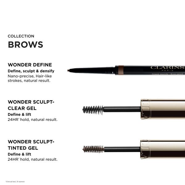 A gold-toned cap and black wand with a small, tapered brush applicator with dark brown bristles for tinted brow gel.