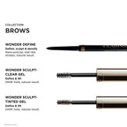 A gold-toned cap and black wand with a small, tapered brush applicator with dark brown bristles for tinted brow gel.