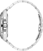 Silver-toned metal watch with a thick case, central crown, and two rectangular pushers. Features a silver-toned link bracelet