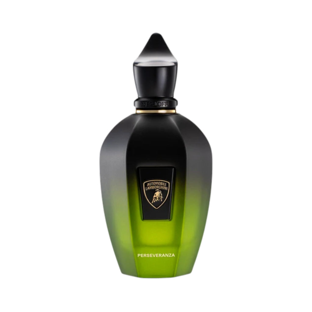 XERJOFF BLENDS PERSEVERANZA parfum bottle with a black to lime green gradient finish, faceted sides, and a black pointed cap.