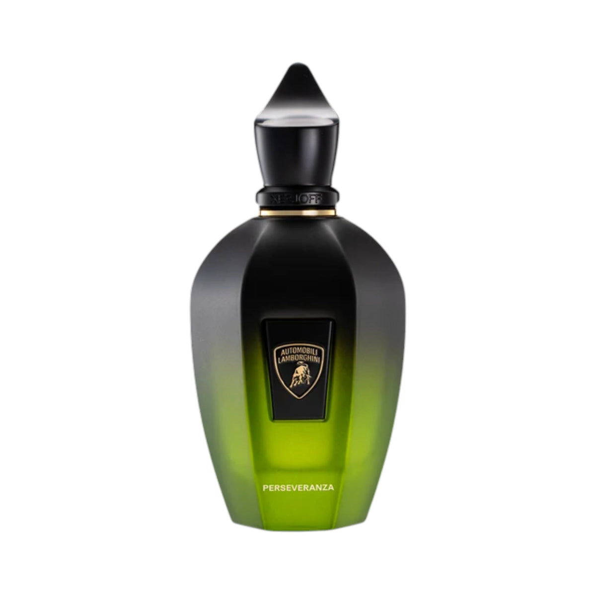 XERJOFF BLENDS PERSEVERANZA parfum bottle with a black to lime green gradient finish, faceted sides, and a black pointed cap.