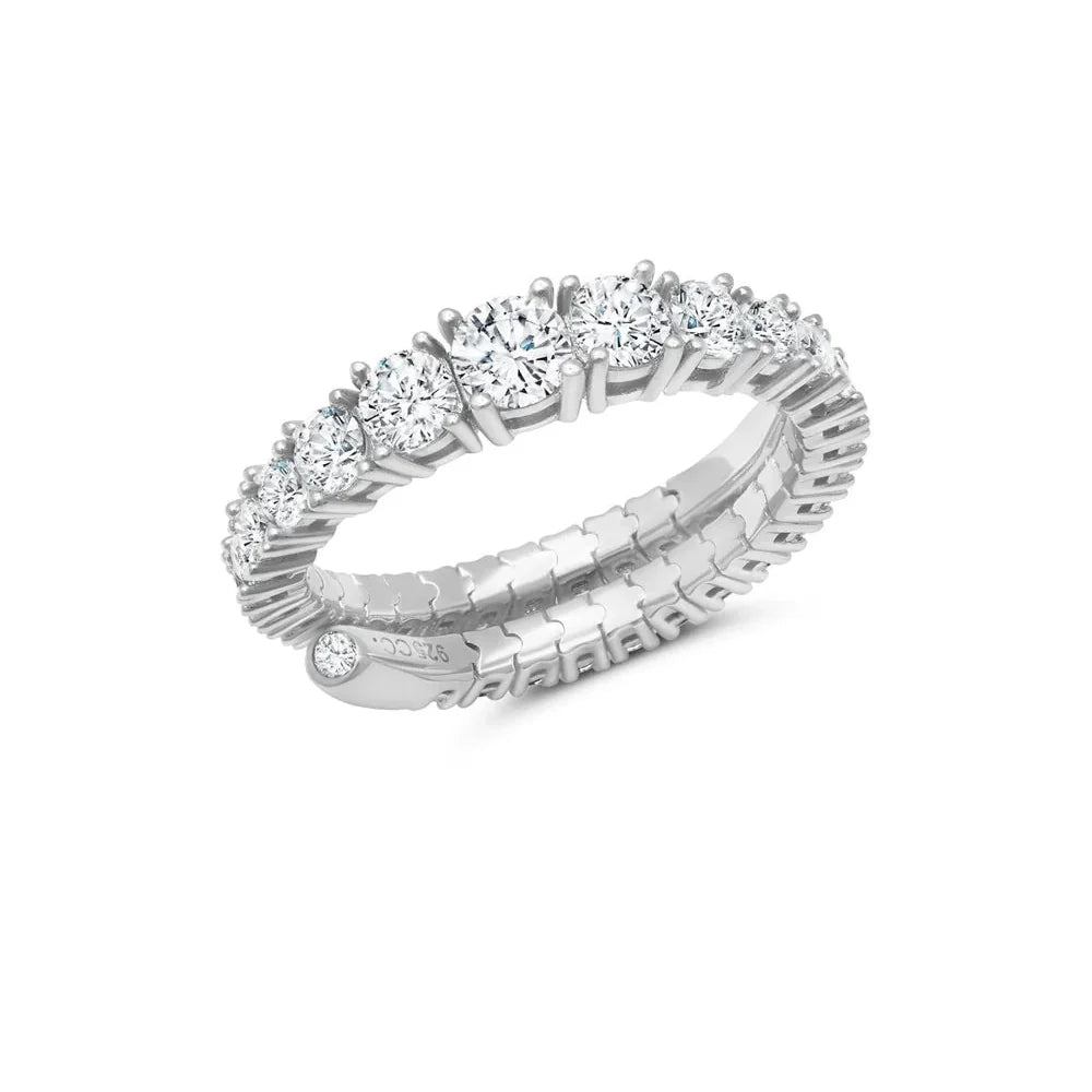 Silver-toned adjustable dual band ring with a row of clear brilliant-cut stones and a segmented second band.