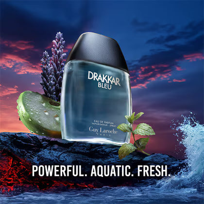 Guy Laroche Drakkar Bleu Eau de Parfum for Men 100ml in a blue bottle, available for online purchase at Paris Gallery Qatar