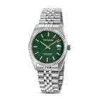 Guy Laroche Rosalie men's luxury watch featuring a forest green dial with gold-tone markers and a silver stainless steel fluted case.