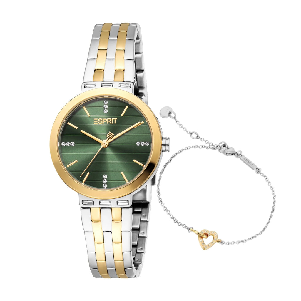 Esprit Savannah Ladies Green Dial Two Tone Watch & Jewellery Set
