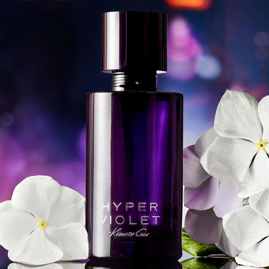 Kenneth Cole Hyper Violet Eau de Parfum for Women 100ml in a deep violet bottle, available for online purchase at Paris Gallery Qatar