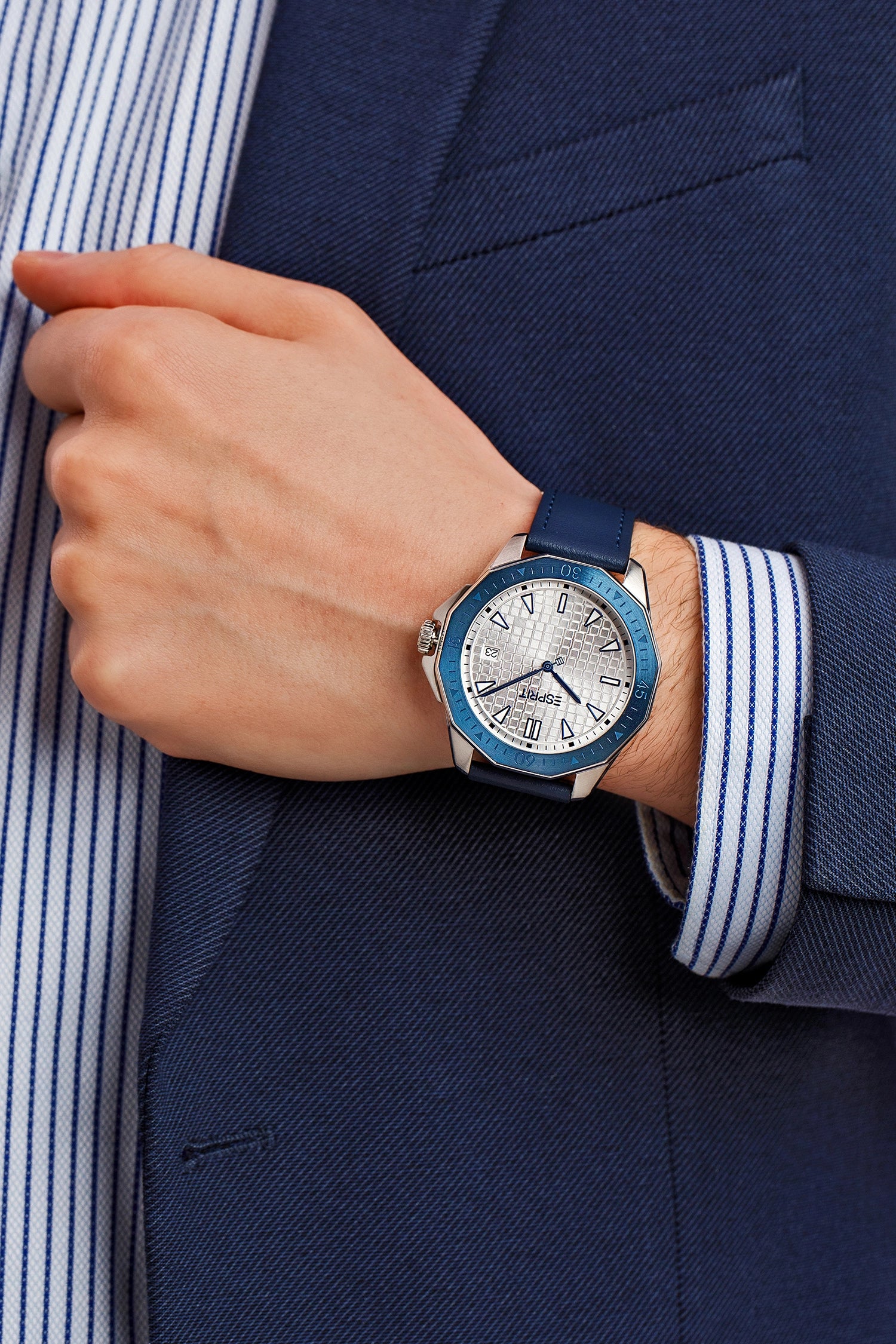 Esprit Onyx Gents Silver Dial &amp; Case Blue Bezel Blue Leather Strap Watch
